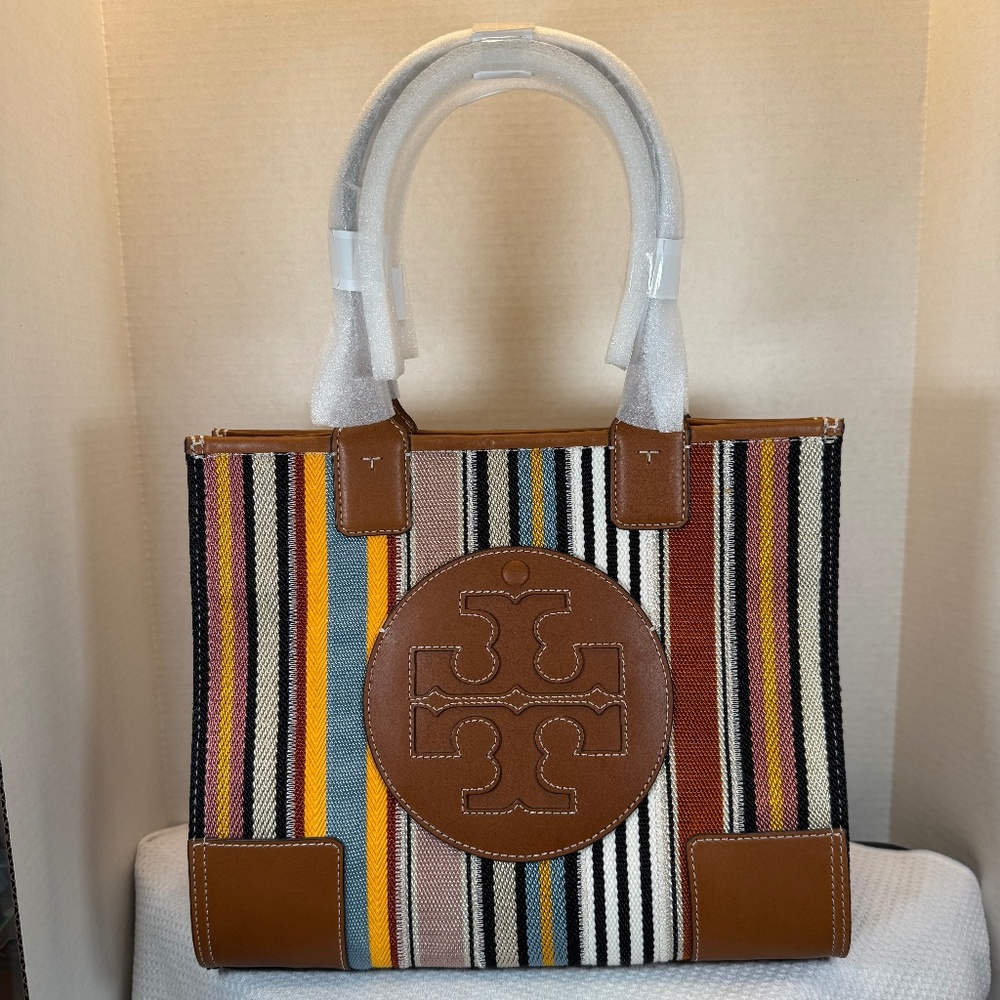 Tory Burch Ella Small Webbing Patchwork Tote Multi Webbing Stripe - NWT